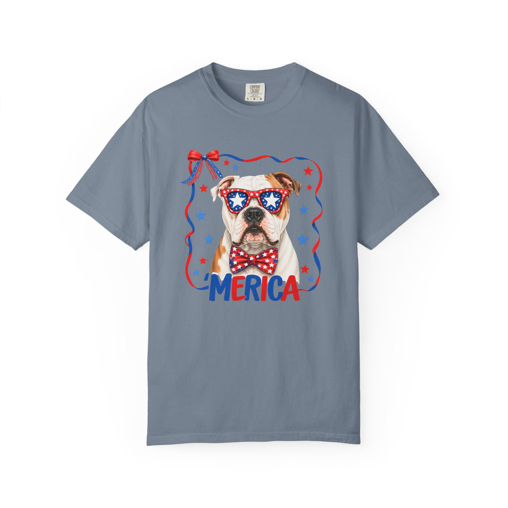 T-Shirt | 'Merica Patriotic Dog Graphic Tee – American Flag Sunglasses & Bow Tie