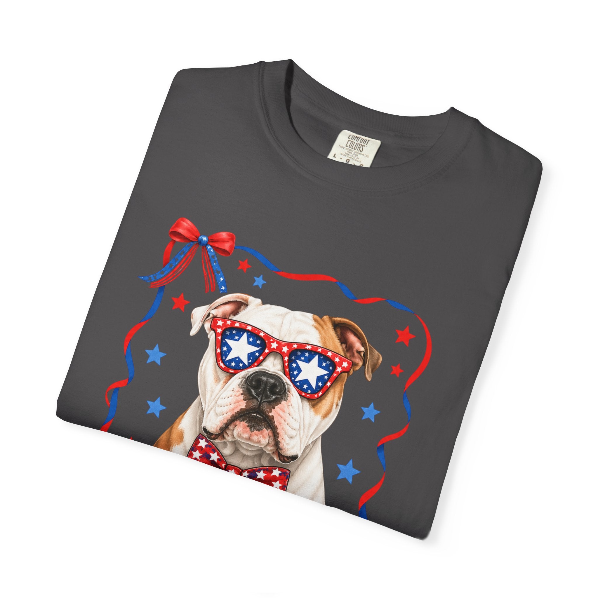 T-Shirt | 'Merica Patriotic Dog Graphic Tee – American Flag Sunglasses & Bow Tie