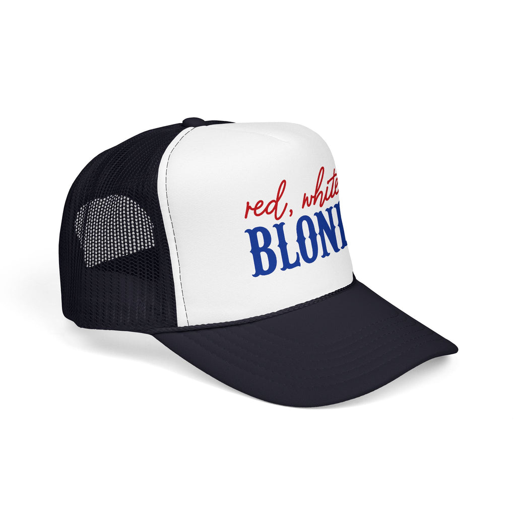 Red, White & Blonde Trucker Hat — Patriotic Blonde Foam Trucker Hat