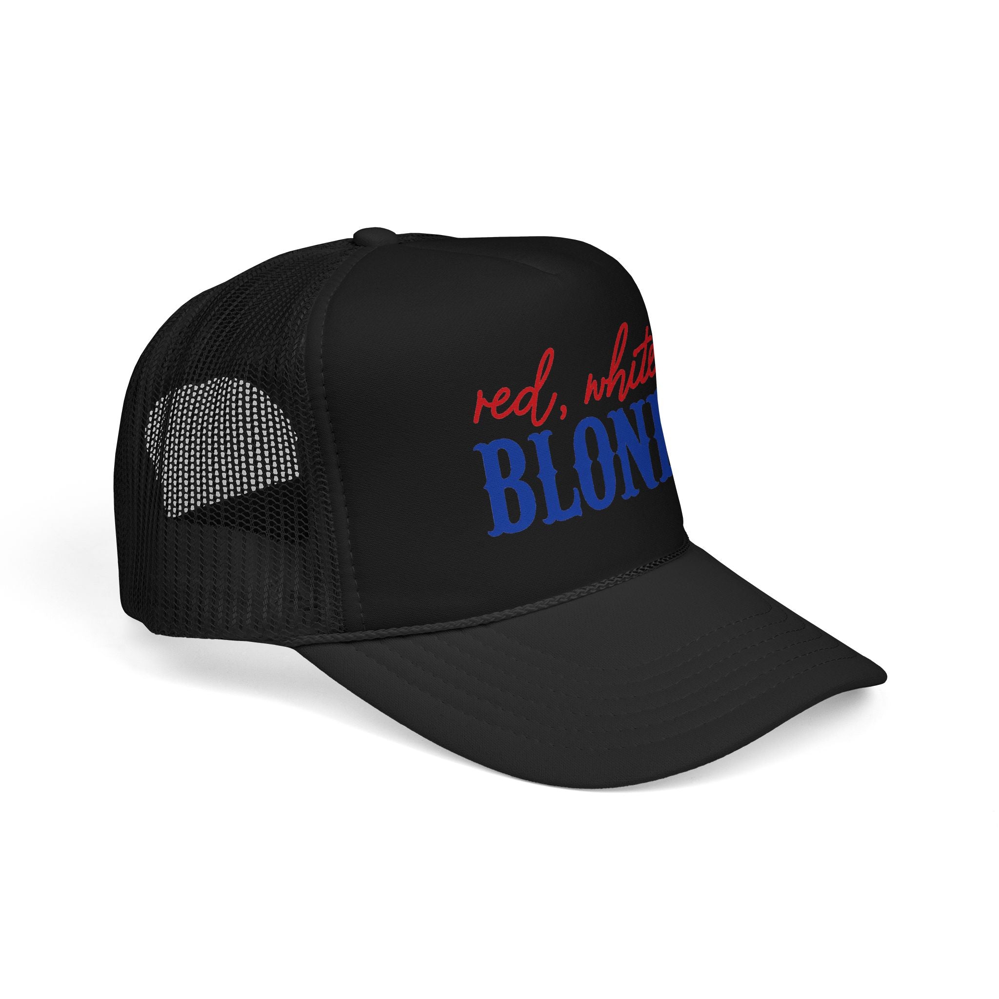 Red, White & Blonde Trucker Hat — Patriotic Blonde Foam Trucker Hat