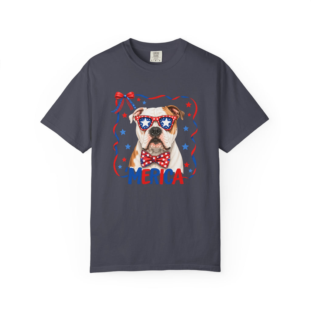 T-Shirt | 'Merica Patriotic Dog Graphic Tee – American Flag Sunglasses & Bow Tie