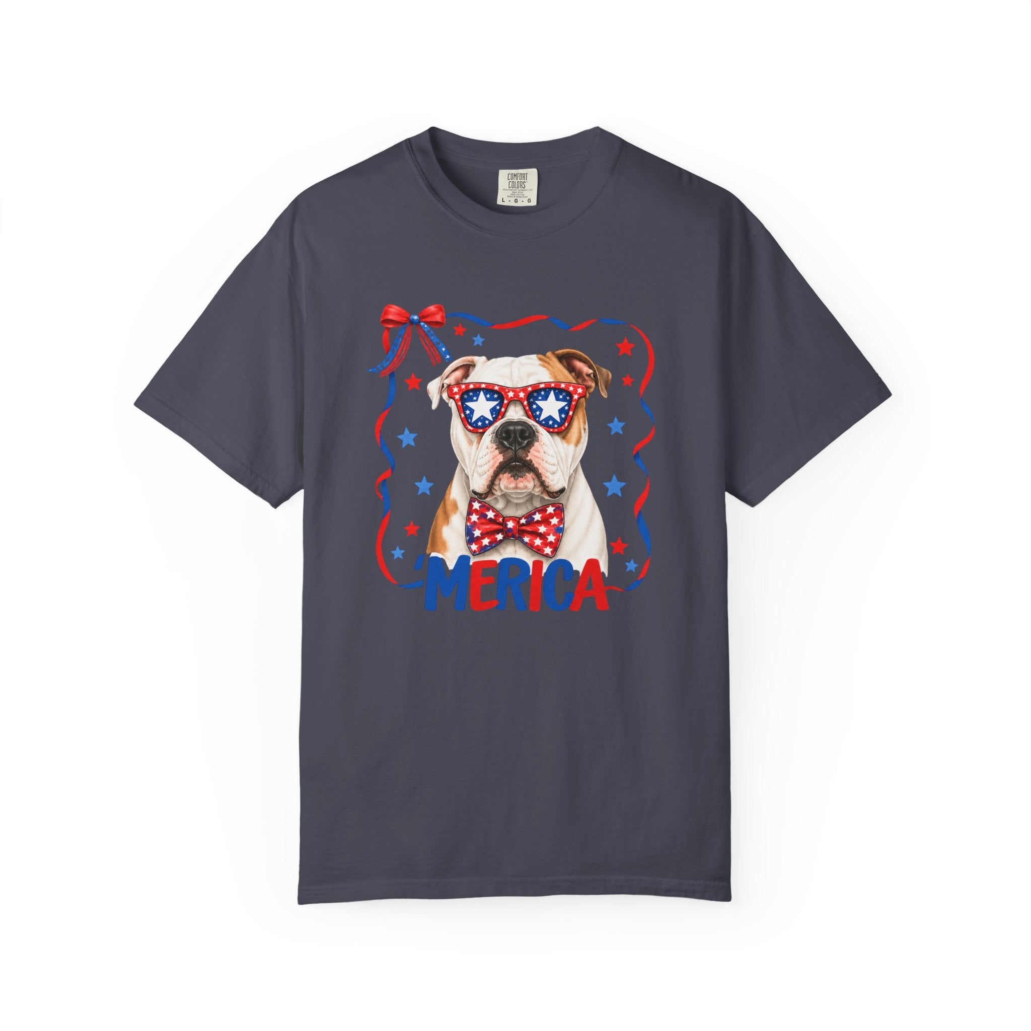 T-Shirt | 'Merica Patriotic Dog Graphic Tee – American Flag Sunglasses & Bow Tie