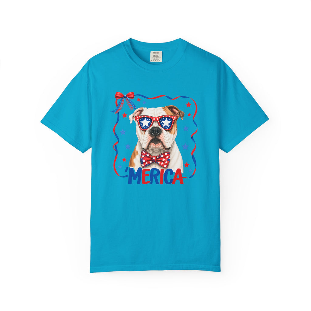 T-Shirt | 'Merica Patriotic Dog Graphic Tee – American Flag Sunglasses & Bow Tie