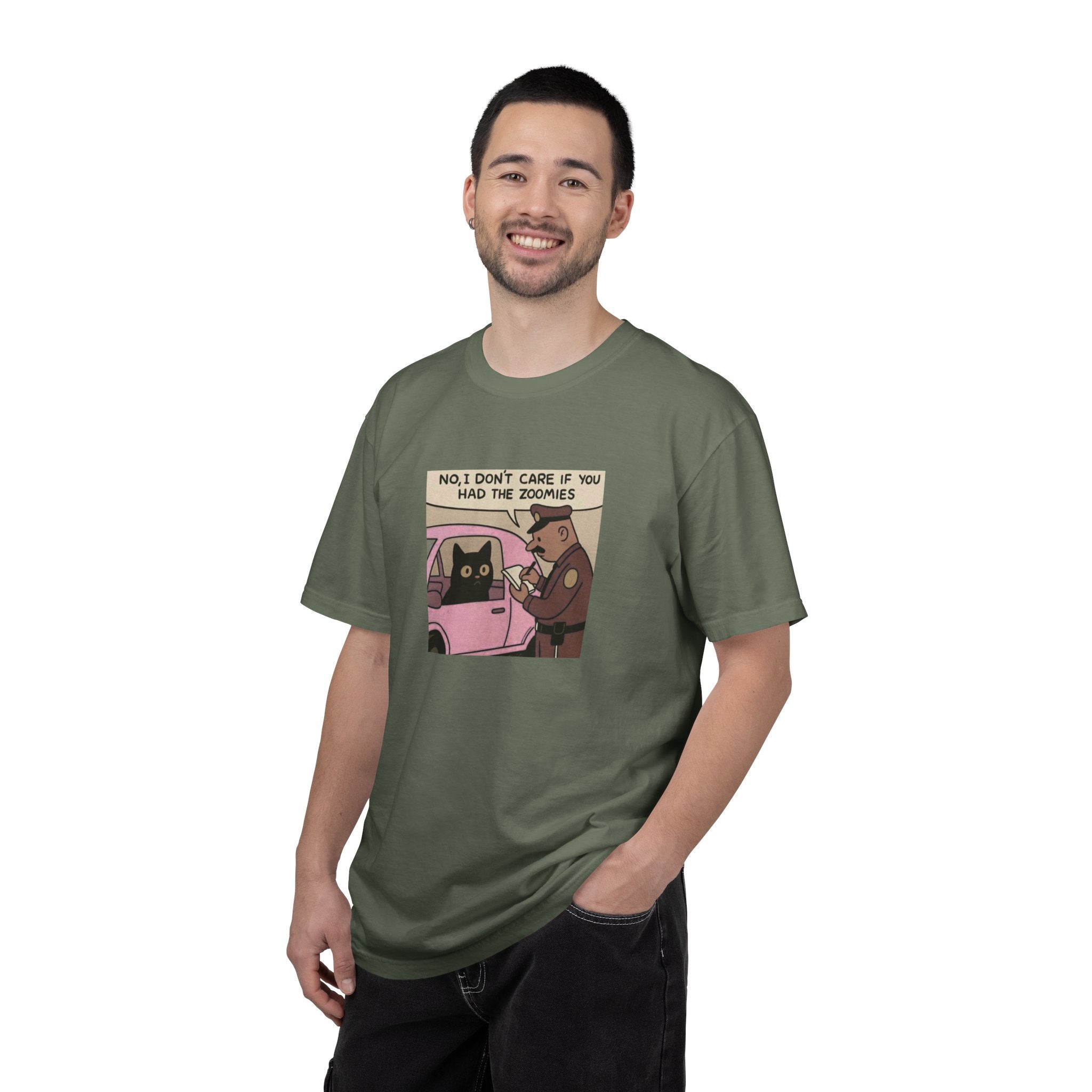 Funny Cat Cop T-Shirt — "No, I Don't Care If You Had The Zoomies" Graphic Tee