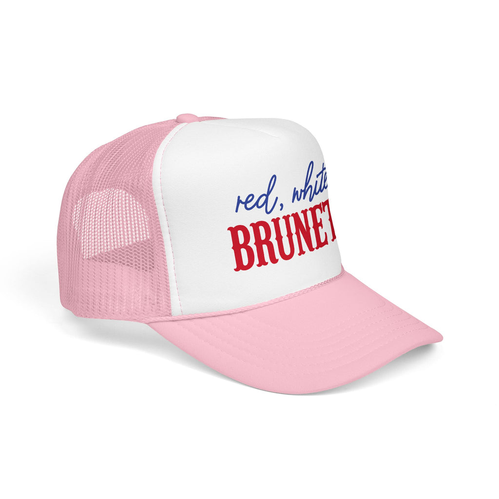 Red, White & Brunette Trucker Hat — Patriotic Foam Mesh Cap for Women