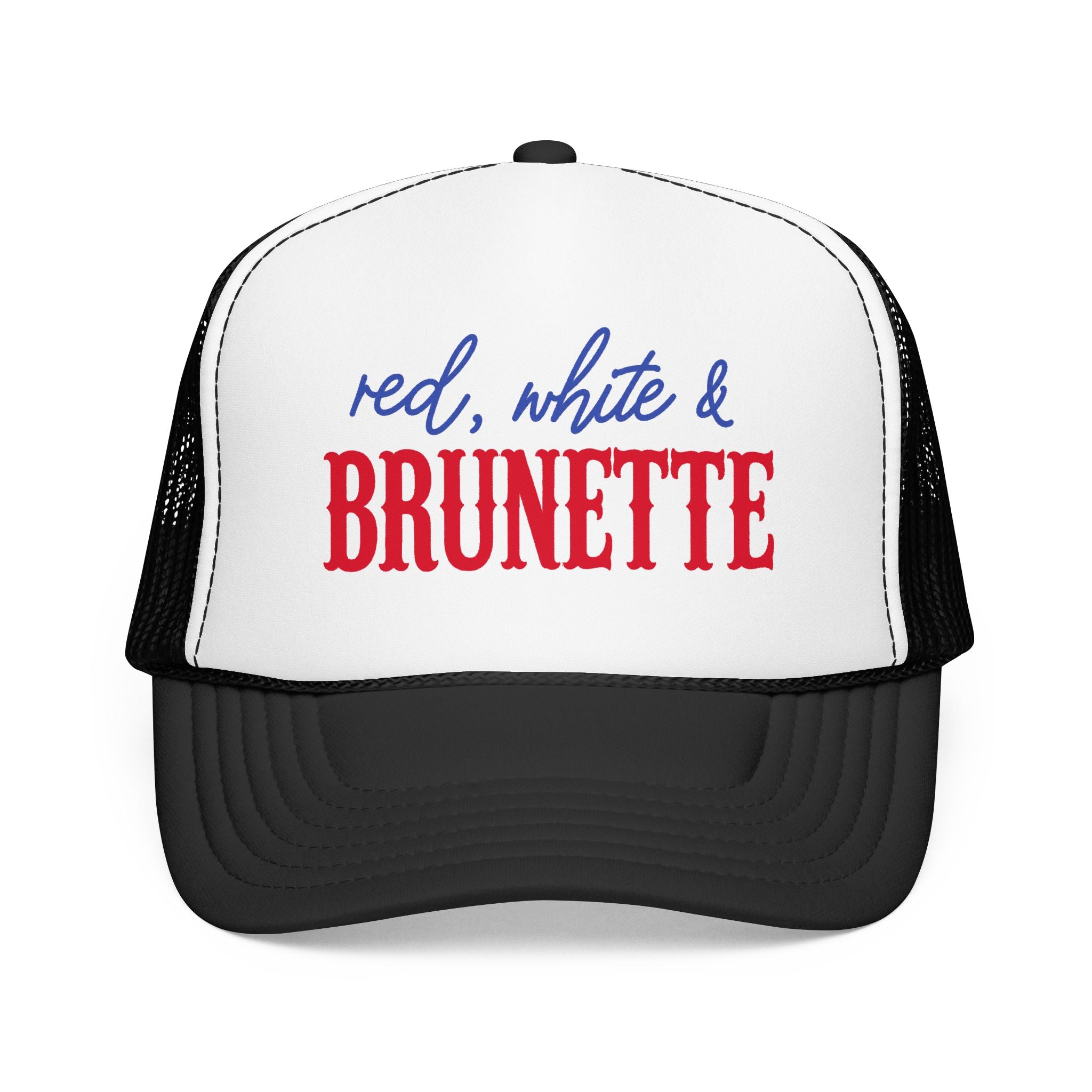 Red, White & Brunette Trucker Hat — Patriotic Foam Mesh Cap for Women