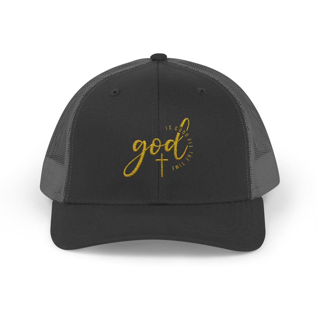 God Script Trucker Cap — Gold Sparkle Faith Snapback