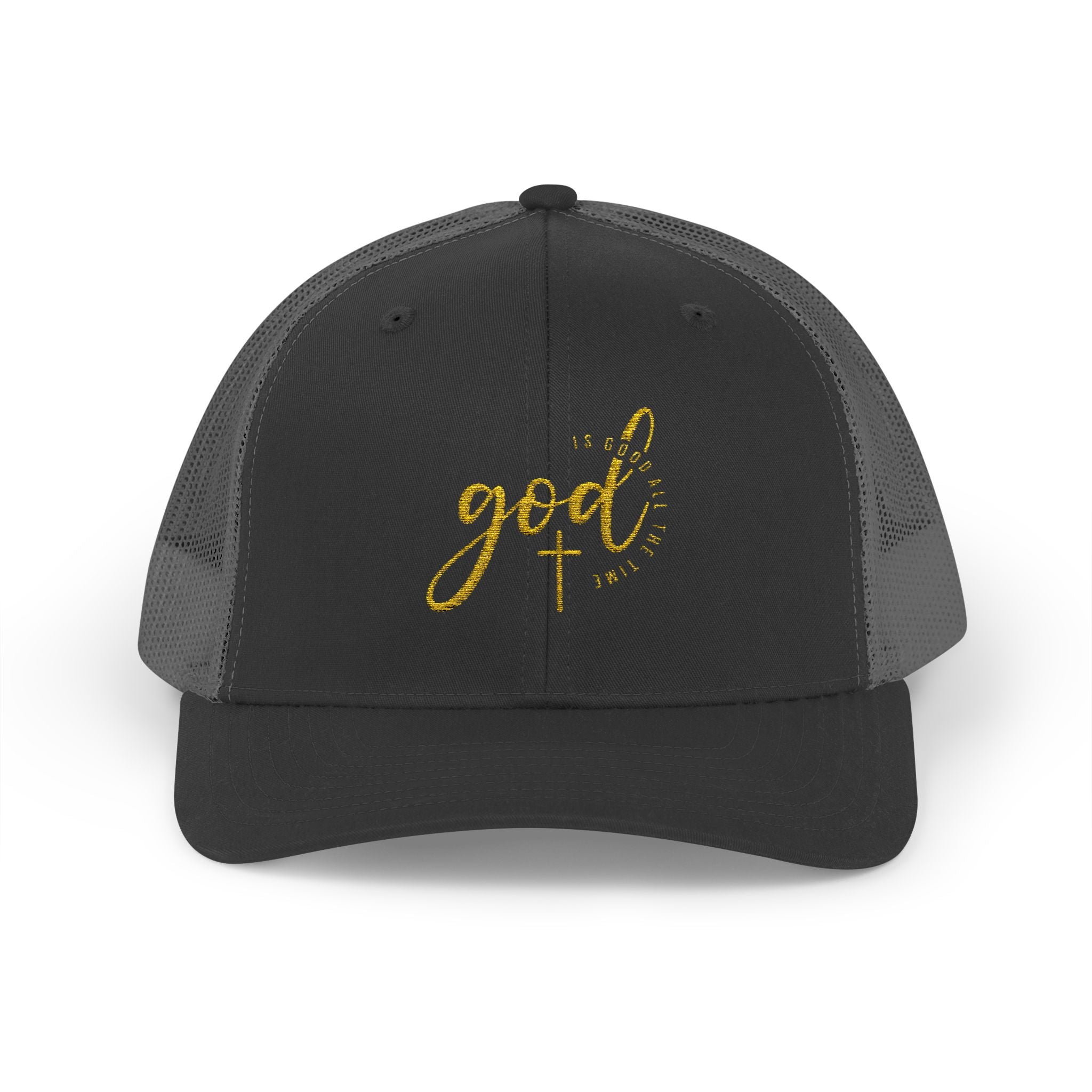God Script Trucker Cap — Gold Sparkle Faith Snapback