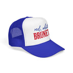 Red, White & Brunette Trucker Hat — Patriotic Foam Mesh Cap for Women