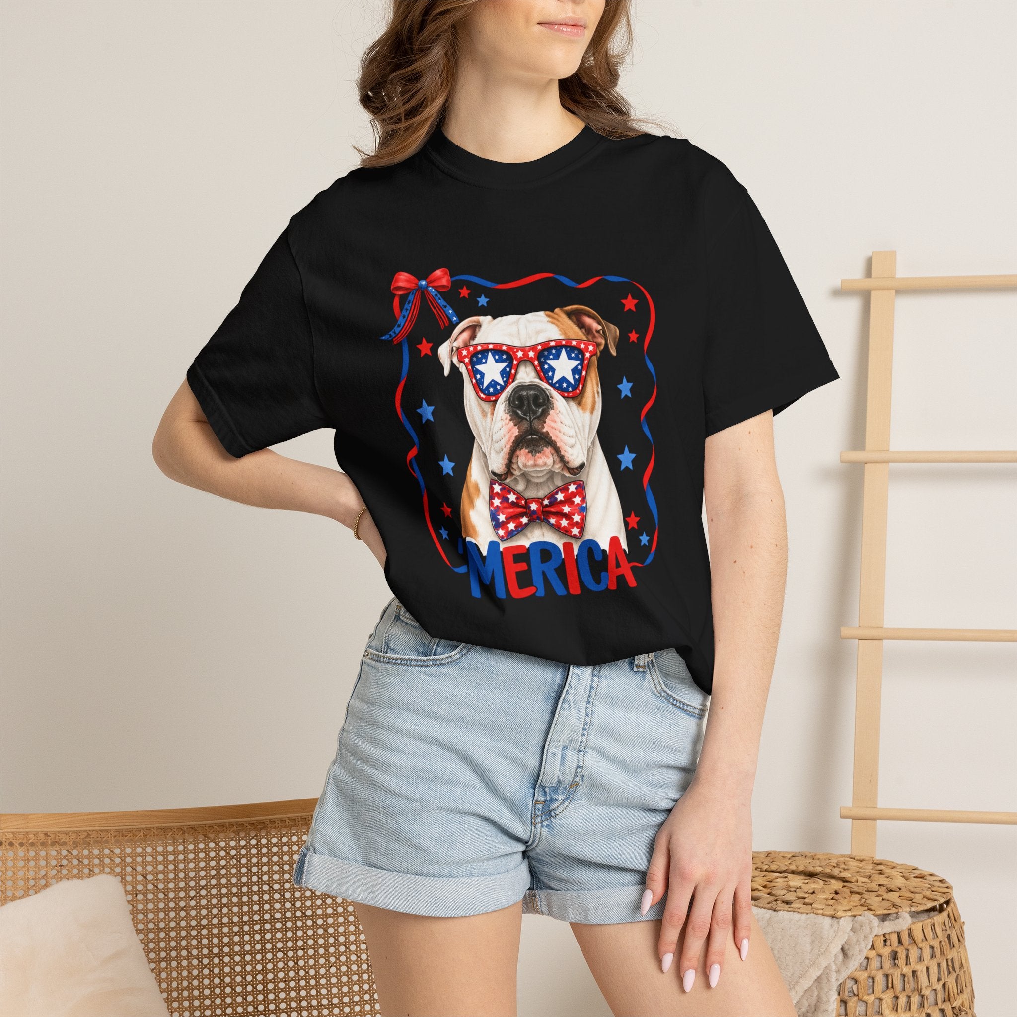 T-Shirt | 'Merica Patriotic Dog Graphic Tee – American Flag Sunglasses & Bow Tie