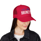 Red, White & Brunette Trucker Hat — Patriotic Foam Mesh Cap for Women
