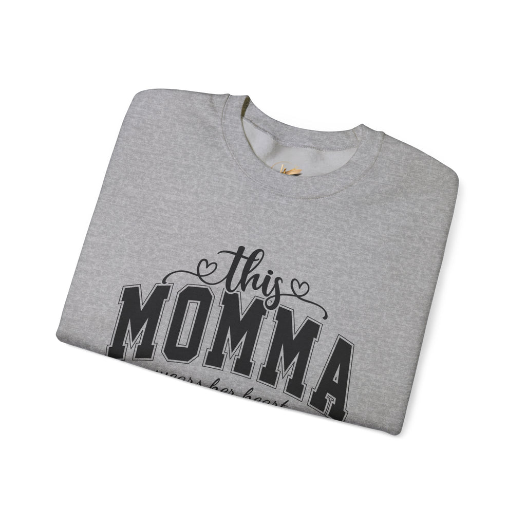 Customized Momma, Gigi, Grammy, Grandma, Mama, Mom, or Nana  Crewneck Sweatshirt – “This ….. Wears Her Heart on Her Sleeve” Cozy Pullover