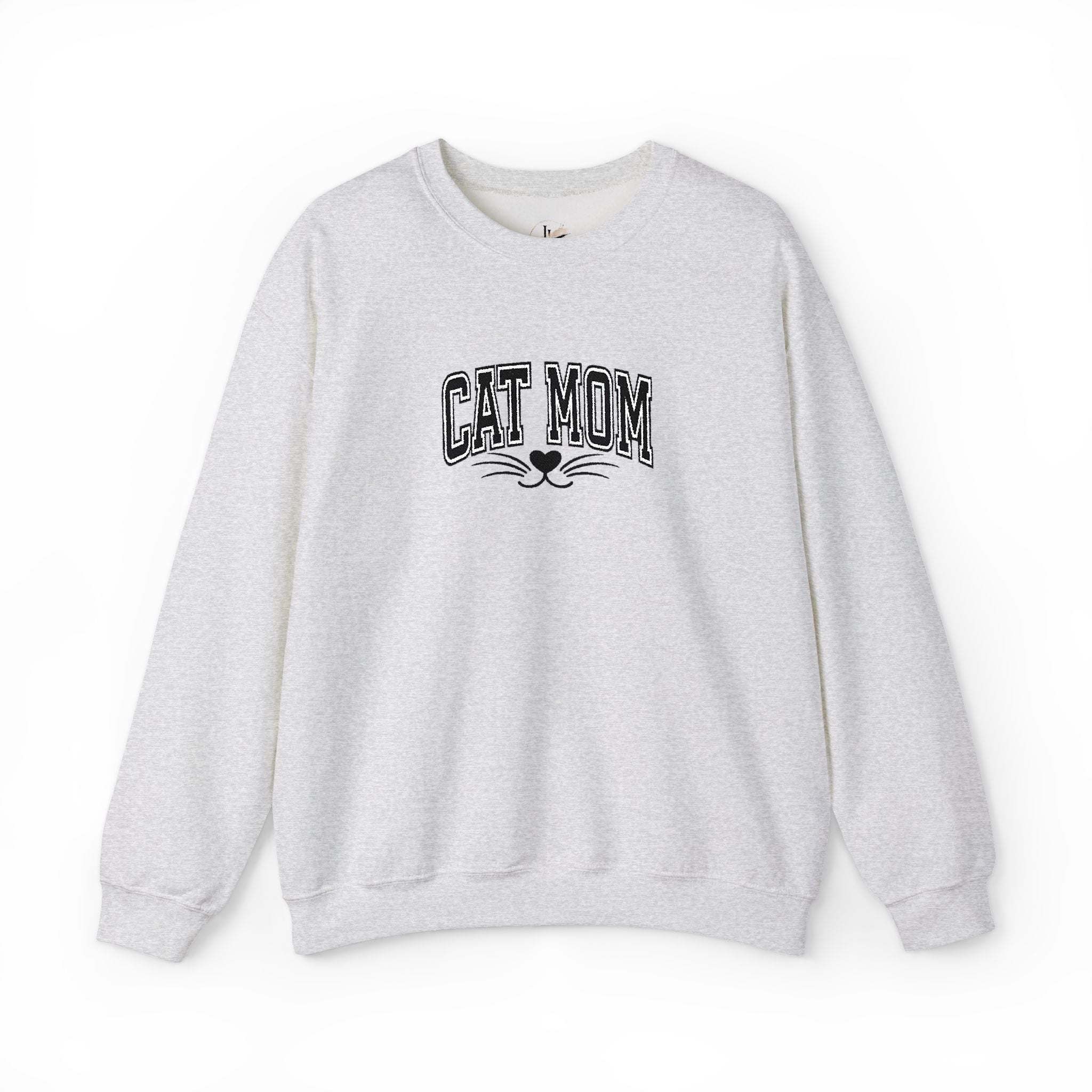 Cat Mom Crewneck Sweatshirt — Vintage Script Cat Face Graphic