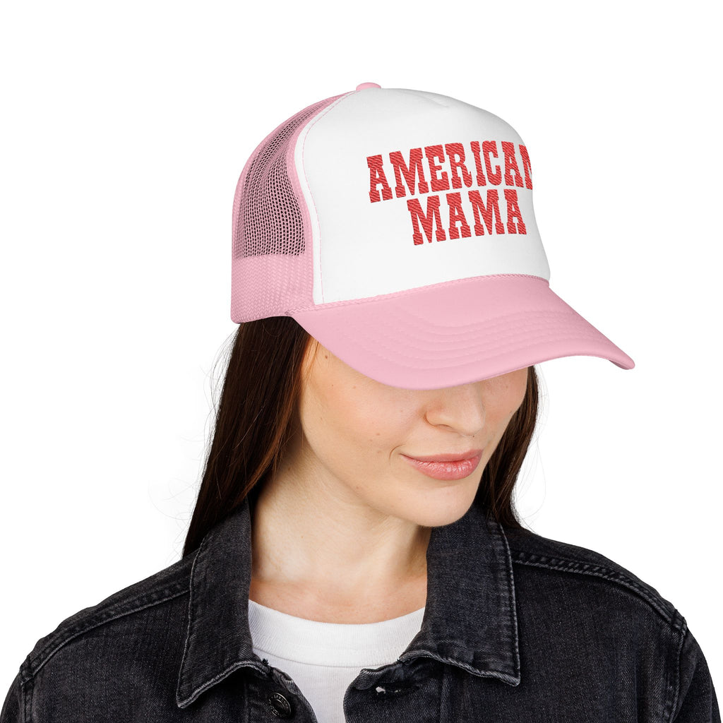 American Mama Trucker Hat - Vintage Red Distressed Foam Mesh Cap for Patriotic Moms