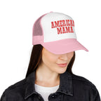 American Mama Trucker Hat - Vintage Red Distressed Foam Mesh Cap for Patriotic Moms