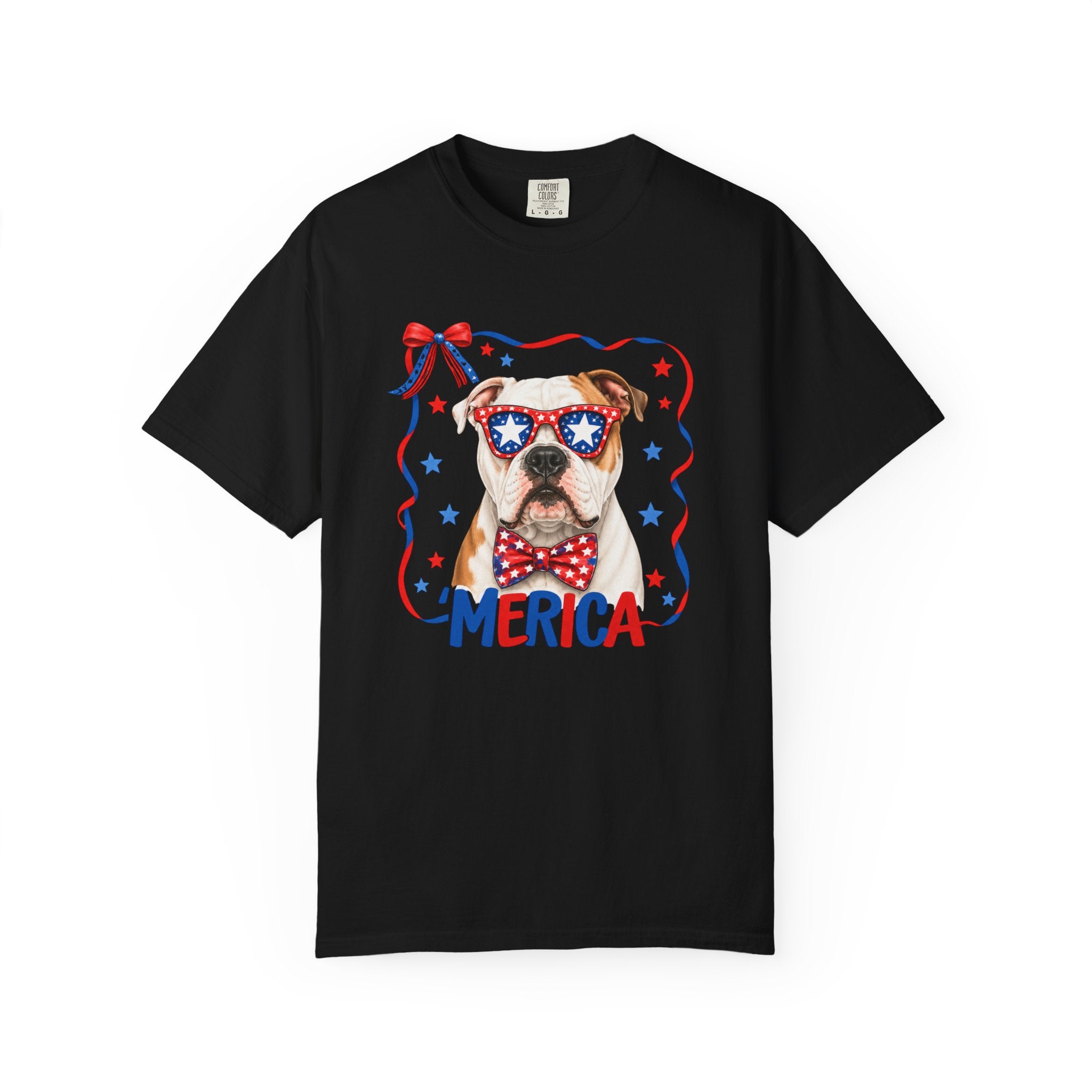 T-Shirt | 'Merica Patriotic Dog Graphic Tee – American Flag Sunglasses & Bow Tie