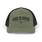 God Is Good Trucker Cap – Faith-Based Snapback Hat with Cross