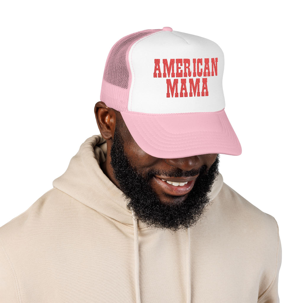 American Mama Trucker Hat - Vintage Red Distressed Foam Mesh Cap for Patriotic Moms