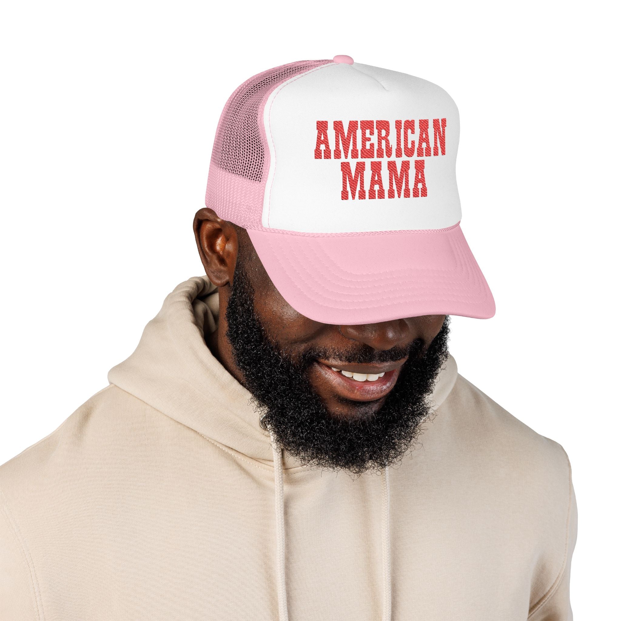 American Mama Trucker Hat - Vintage Red Distressed Foam Mesh Cap for Patriotic Moms