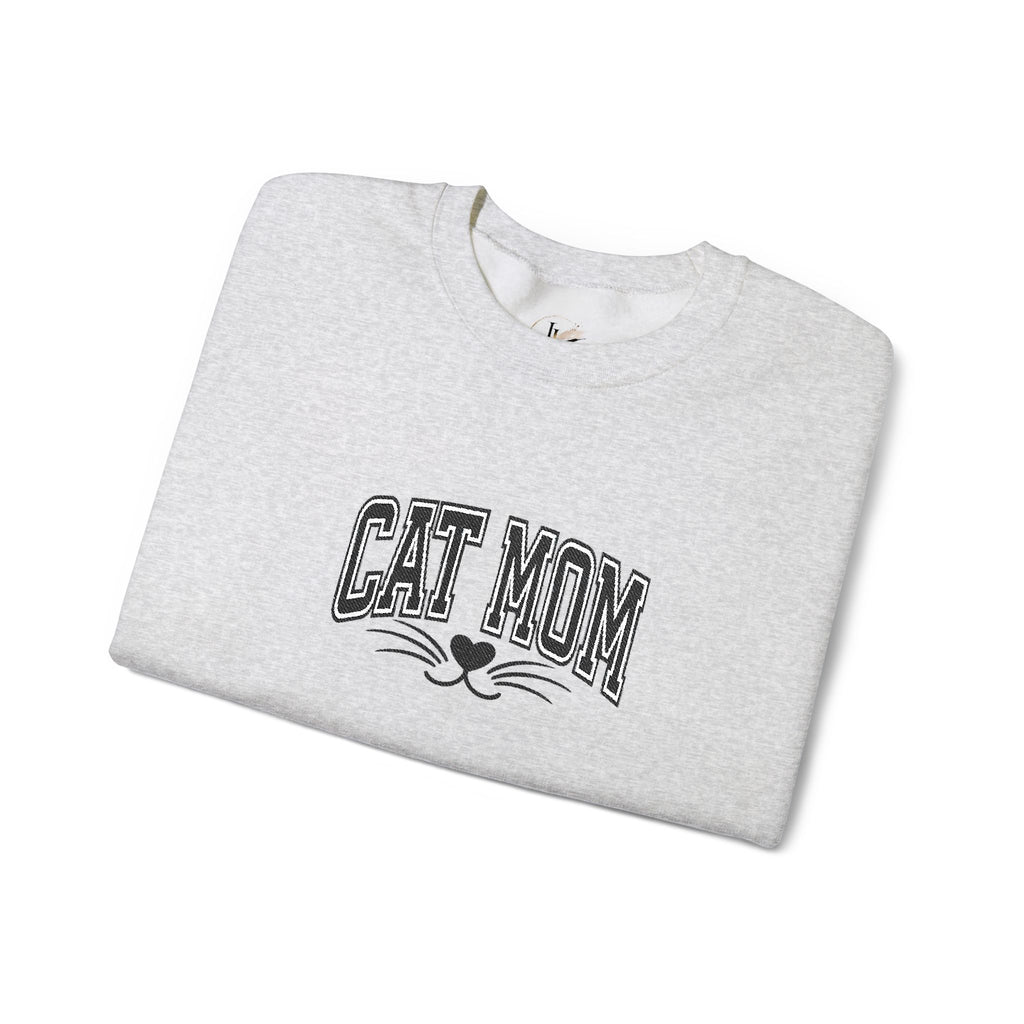 Cat Mom Crewneck Sweatshirt — Vintage Script Cat Face Graphic