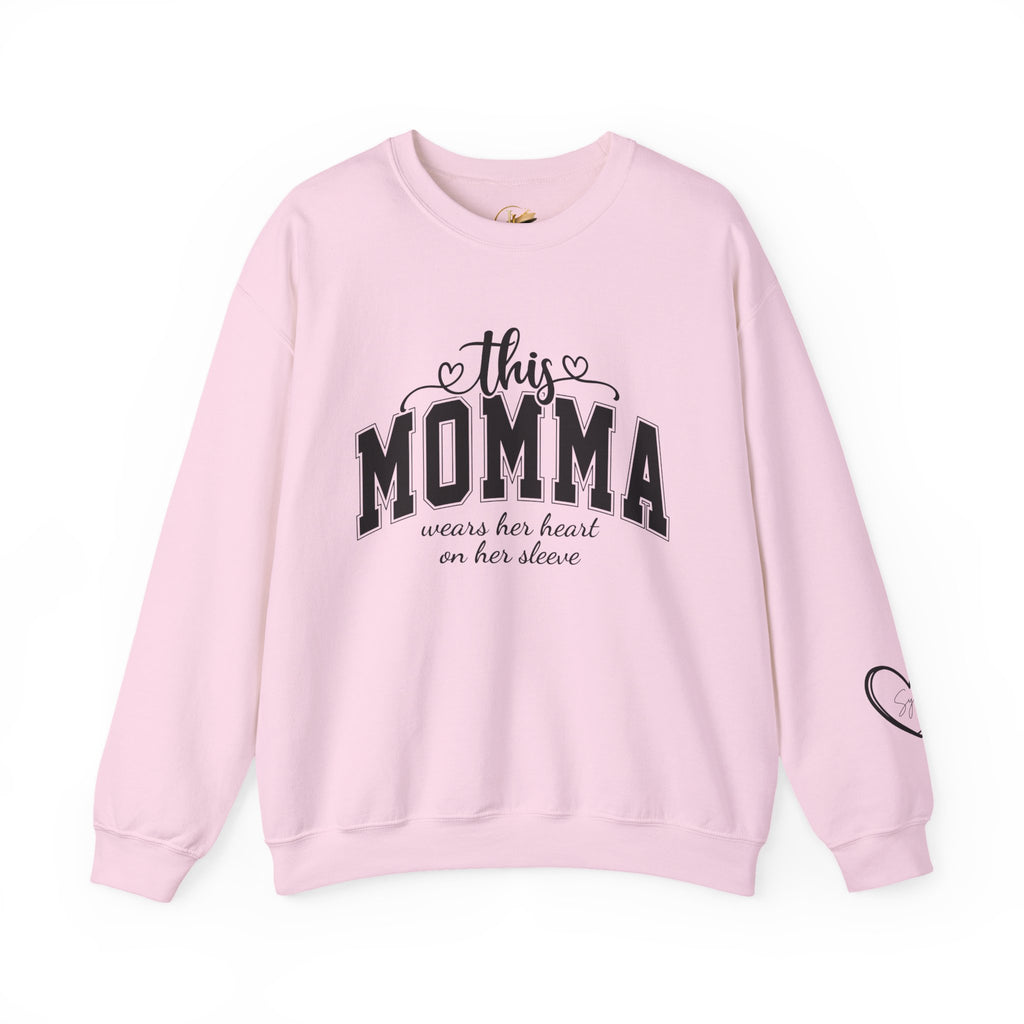 Customized Momma, Gigi, Grammy, Grandma, Mama, Mom, or Nana  Crewneck Sweatshirt – “This ….. Wears Her Heart on Her Sleeve” Cozy Pullover