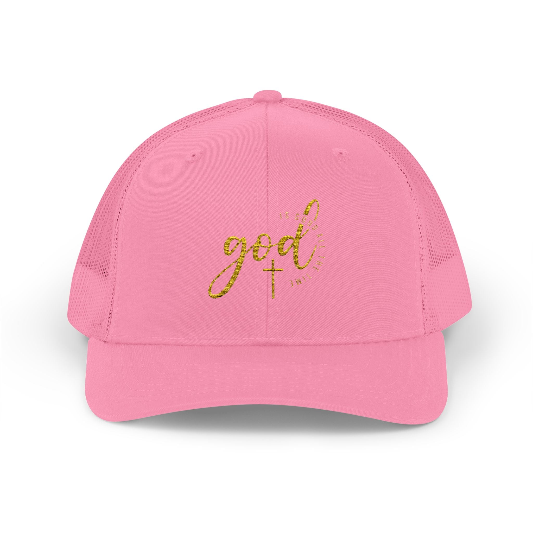 God Script Trucker Cap — Gold Sparkle Faith Snapback