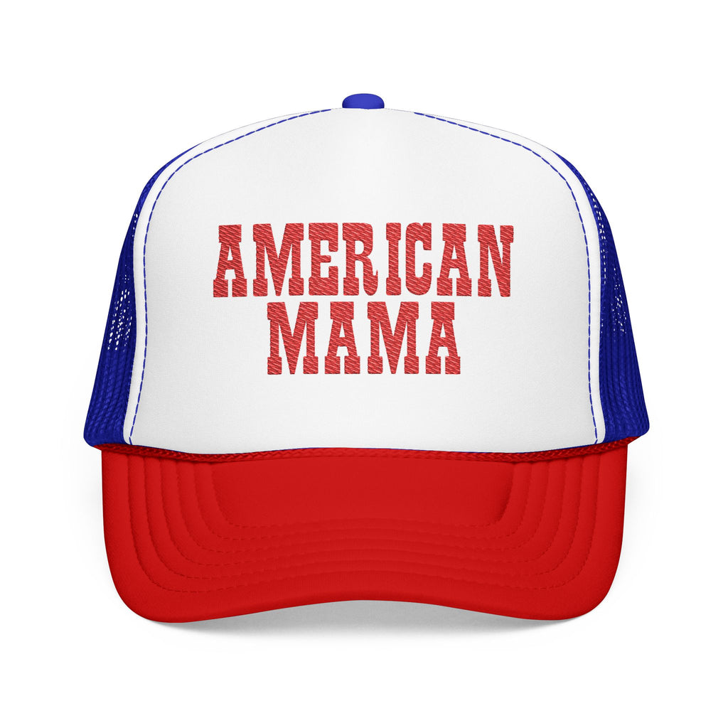Trucker hat with 'AMERICAN MAMA' text on a white background