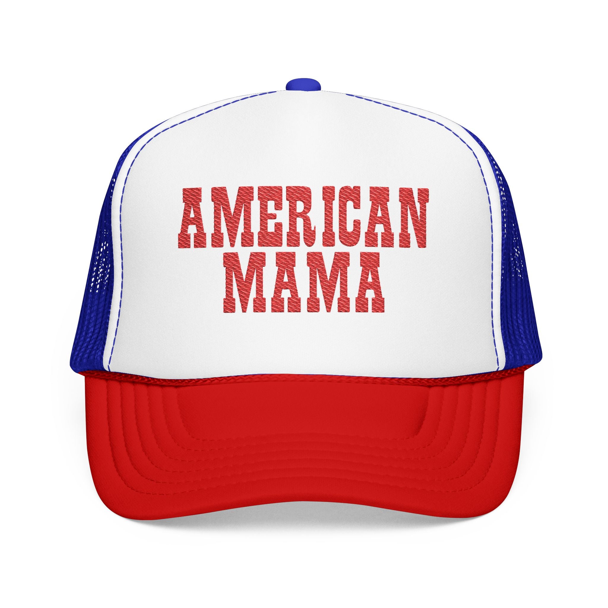 Trucker hat with 'AMERICAN MAMA' text on a white background