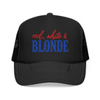 Red, White & Blonde Trucker Hat — Patriotic Blonde Foam Trucker Hat