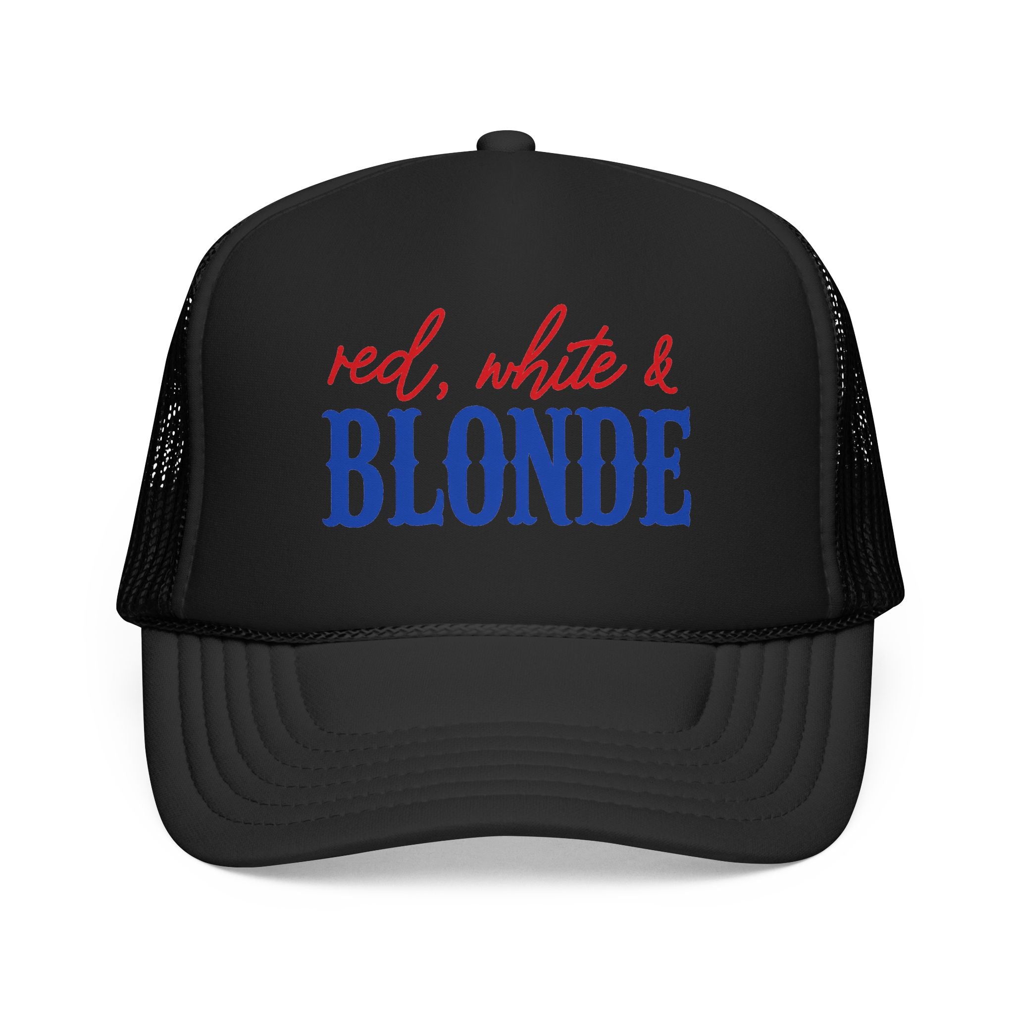 Red, White & Blonde Trucker Hat — Patriotic Blonde Foam Trucker Hat