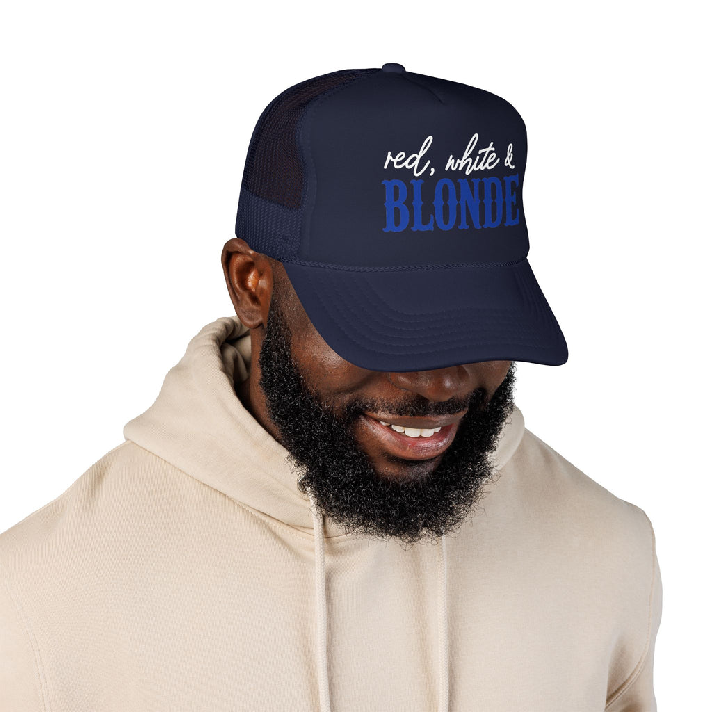 Red, White & Blonde Trucker Hat — Patriotic Blonde Foam Trucker Hat