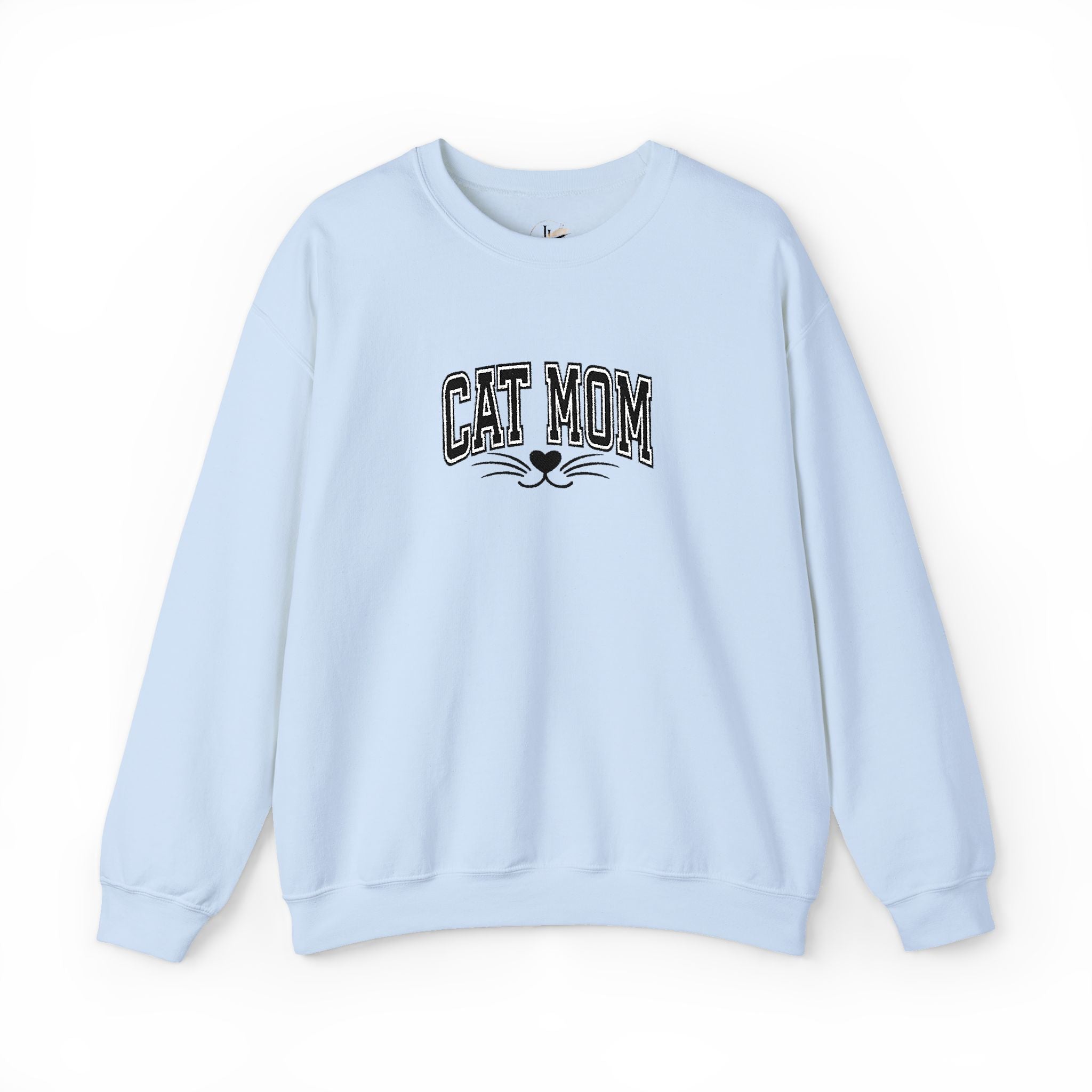 Cat Mom Crewneck Sweatshirt — Vintage Script Cat Face Graphic