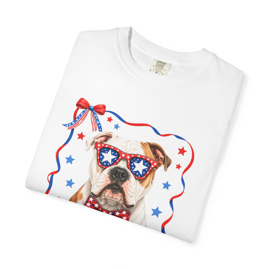 T-Shirt | 'Merica Patriotic Dog Graphic Tee – American Flag Sunglasses & Bow Tie