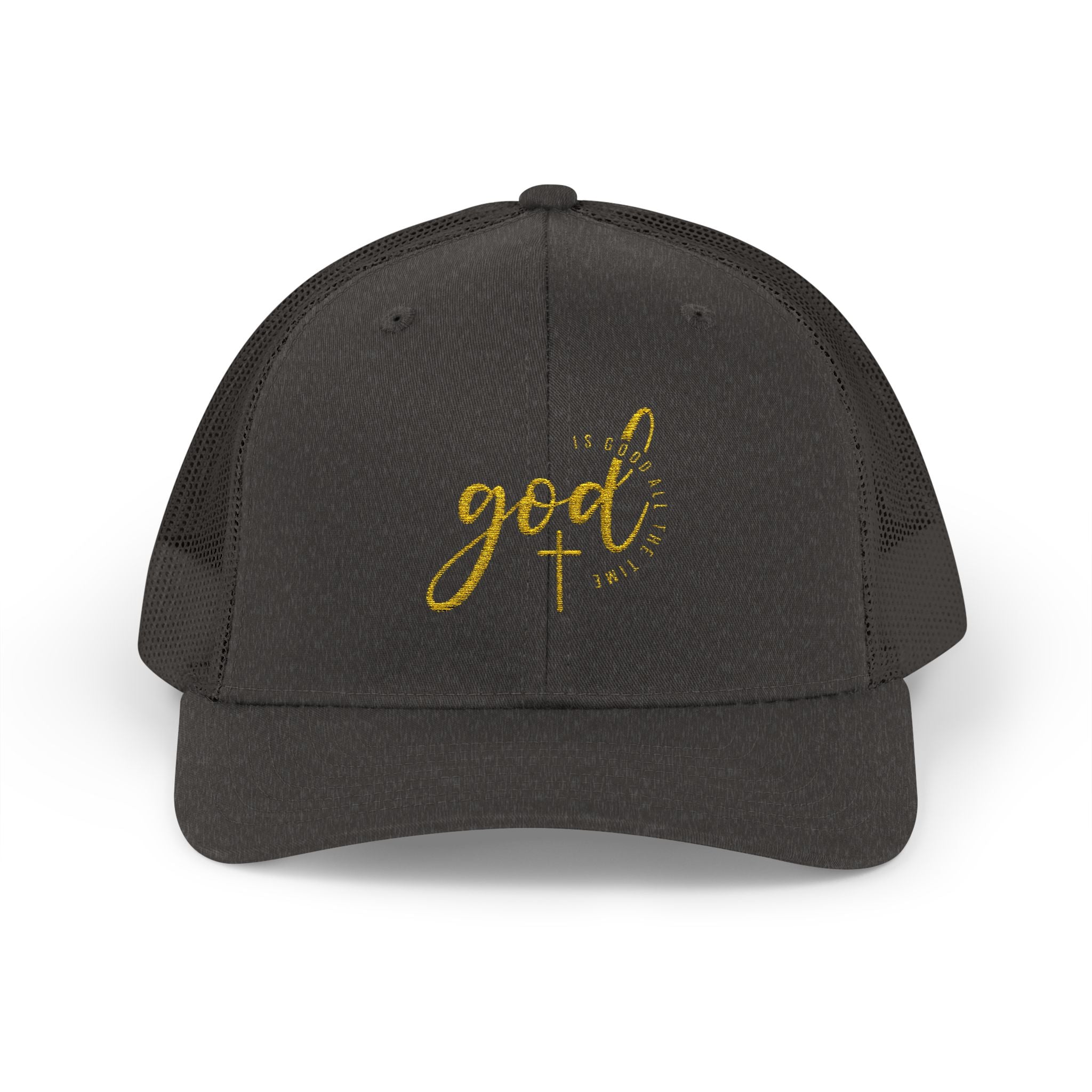 God Script Trucker Cap — Gold Sparkle Faith Snapback