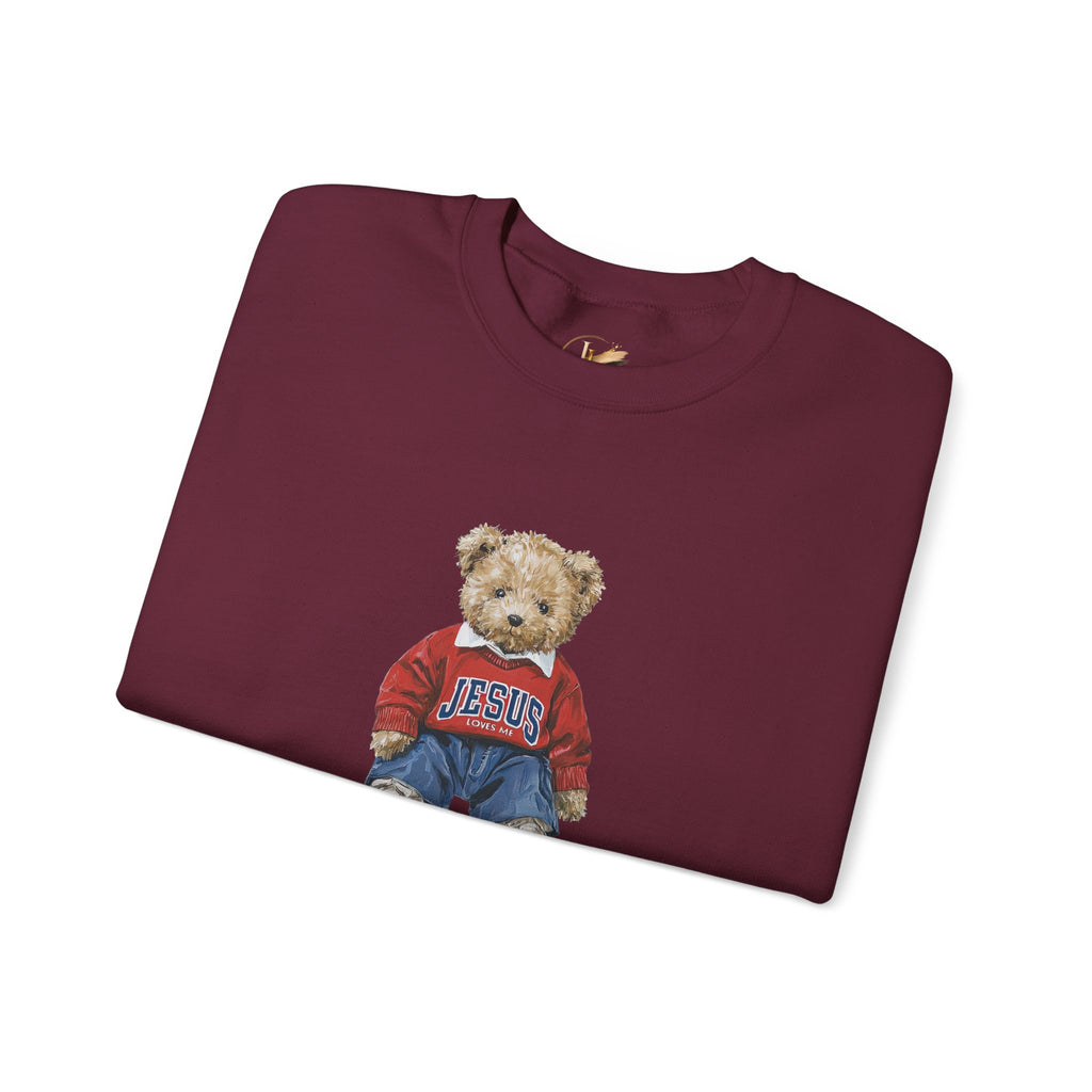 Crewneck Sweatshirt — Teddy Bear Wearing 'Jesus' Sweater Christian Graphic