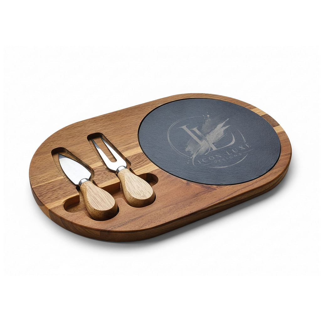 Custom Engraved Acacia Charcuterie Board with Slate Insert & Cheese Tools