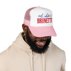 Red, White & Brunette Trucker Hat — Patriotic Foam Mesh Cap for Women