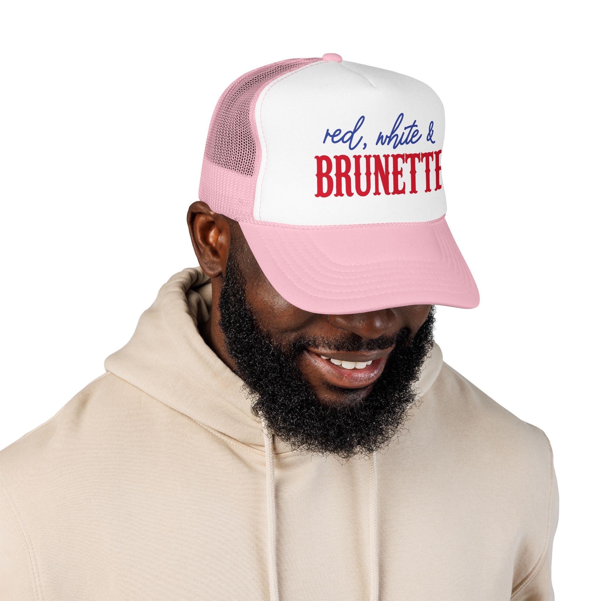 Red, White & Brunette Trucker Hat — Patriotic Foam Mesh Cap for Women
