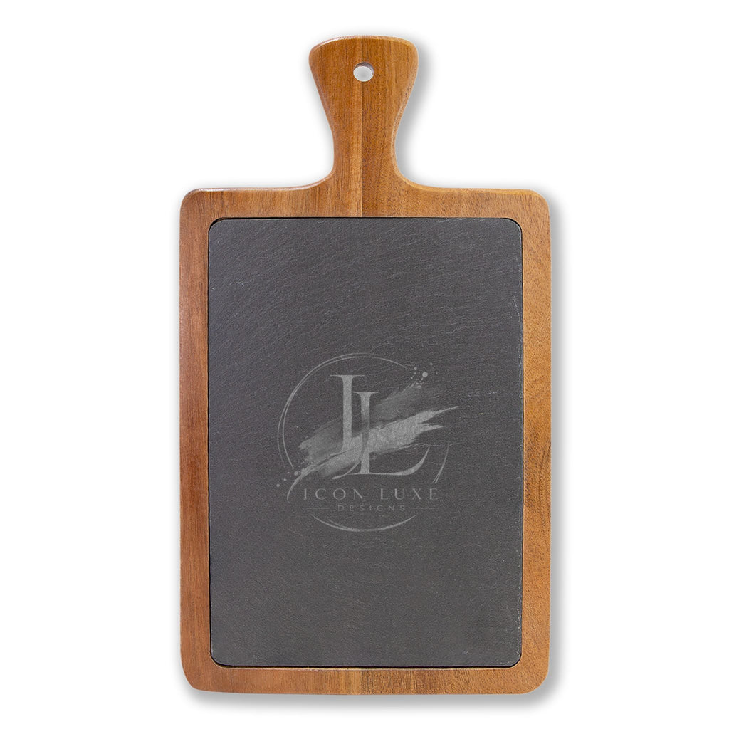 Custom Engraved Acacia Charcuterie Board with Slate Insert & Cheese Tools