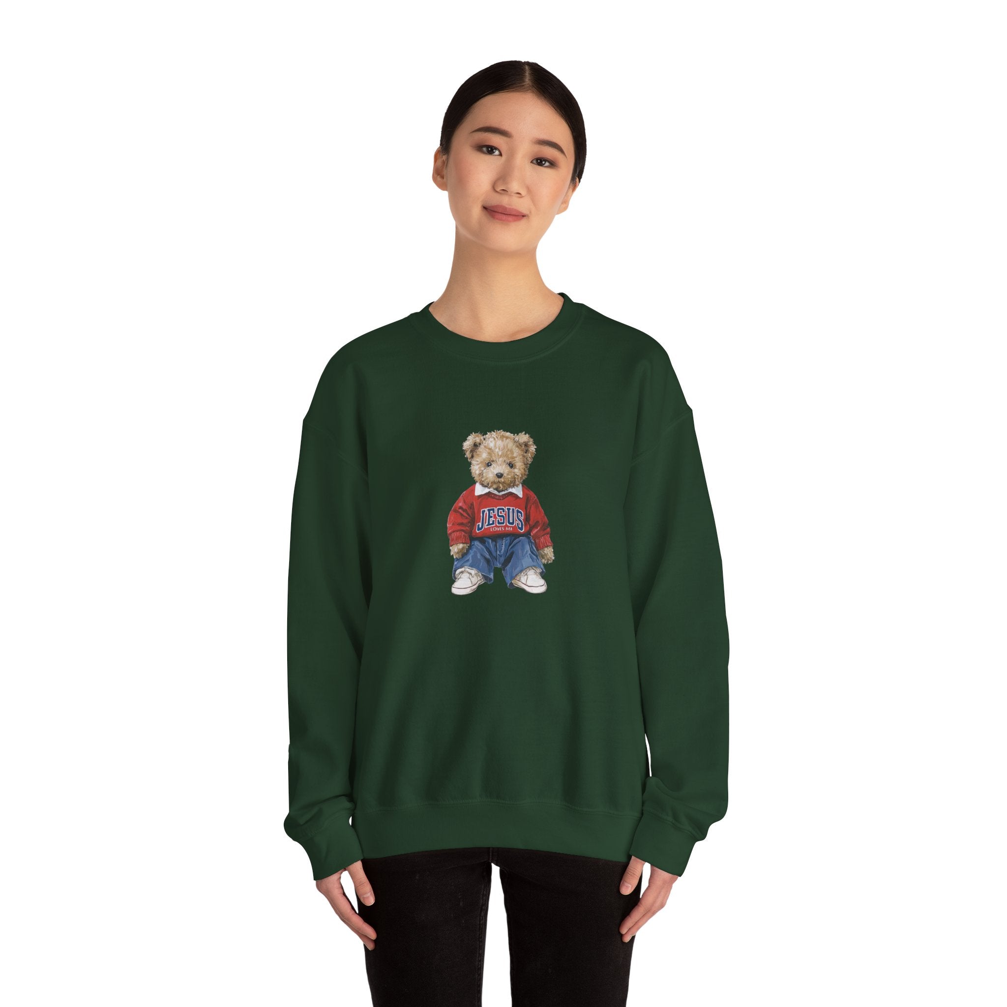 Crewneck Sweatshirt — Teddy Bear Wearing 'Jesus' Sweater Christian Graphic