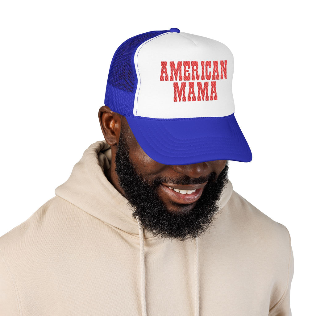 American Mama Trucker Hat - Vintage Red Distressed Foam Mesh Cap for Patriotic Moms