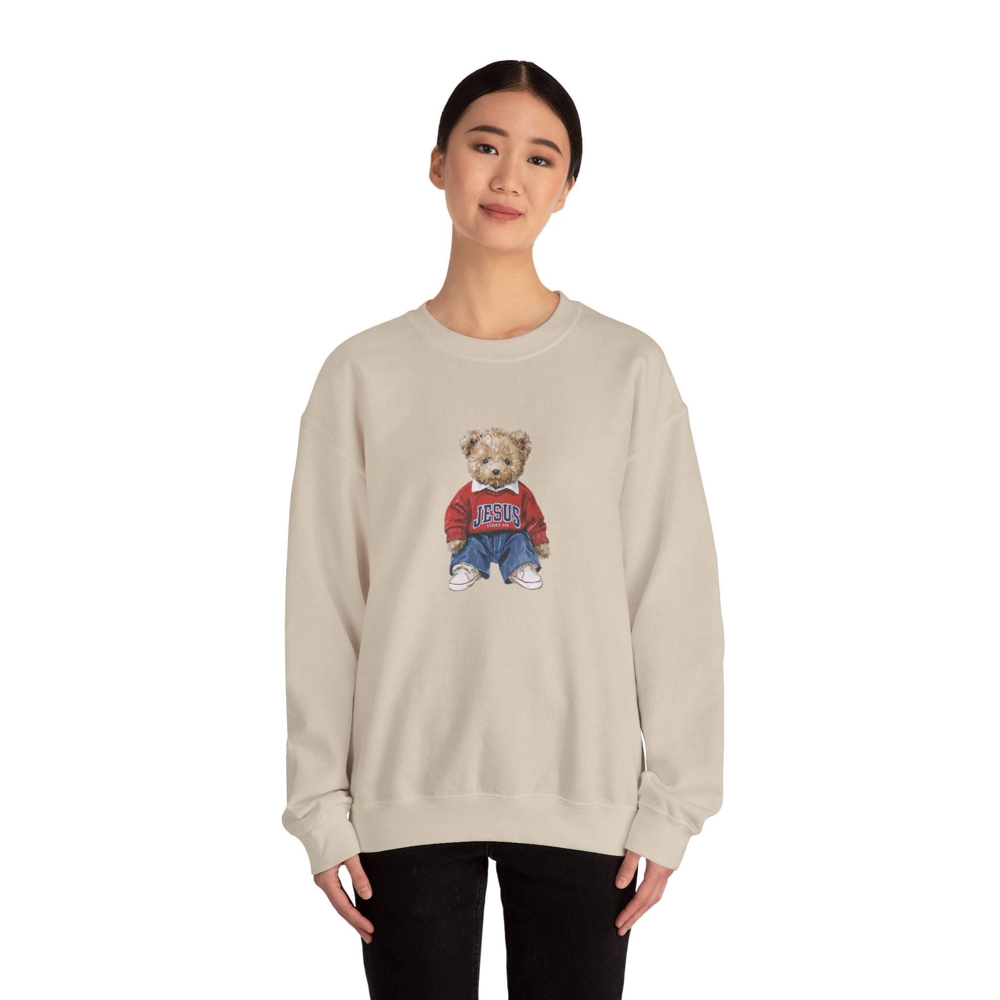 Crewneck Sweatshirt — Teddy Bear Wearing 'Jesus' Sweater Christian Graphic