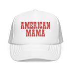 American Mama Trucker Hat - Vintage Red Distressed Foam Mesh Cap for Patriotic Moms