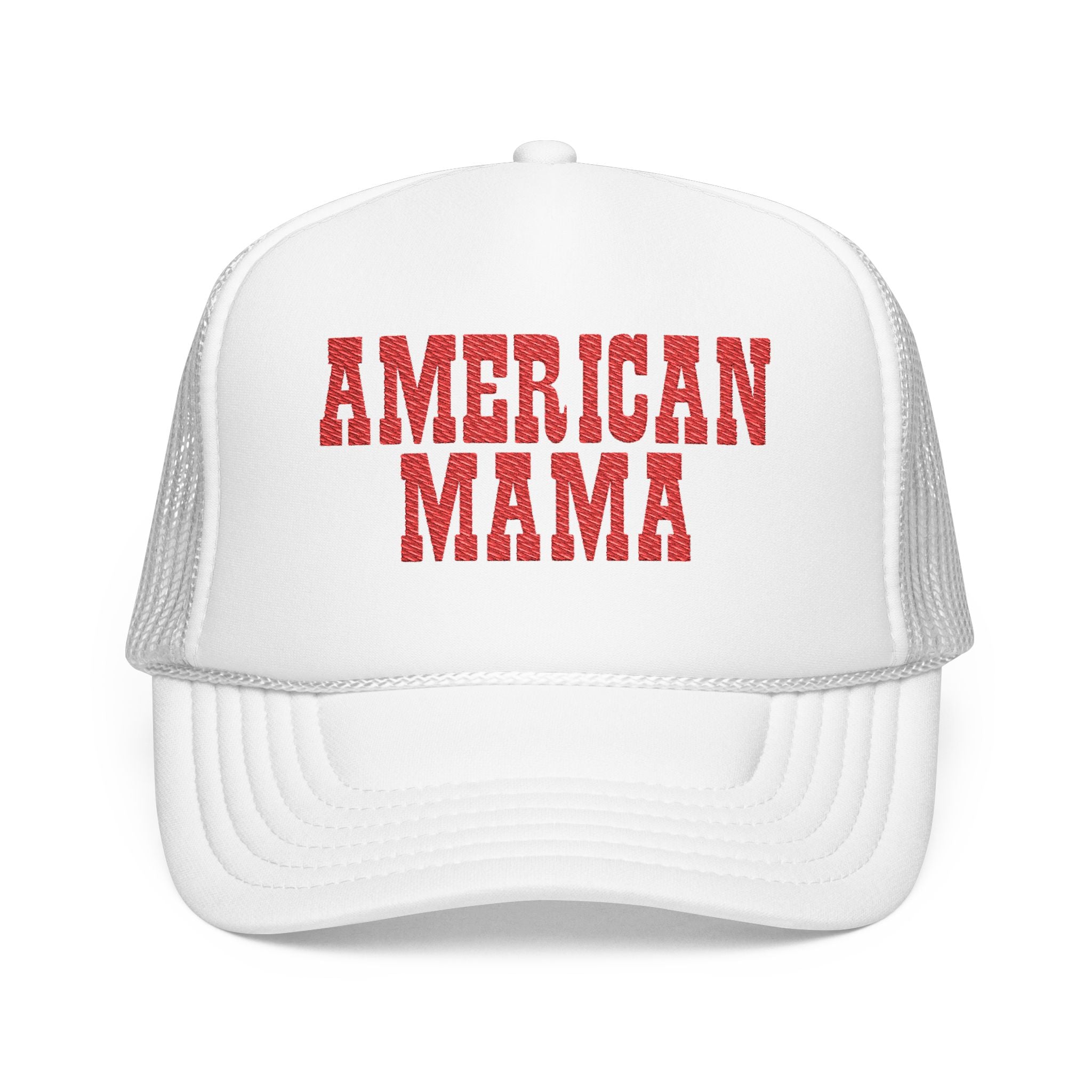 American Mama Trucker Hat - Vintage Red Distressed Foam Mesh Cap for Patriotic Moms