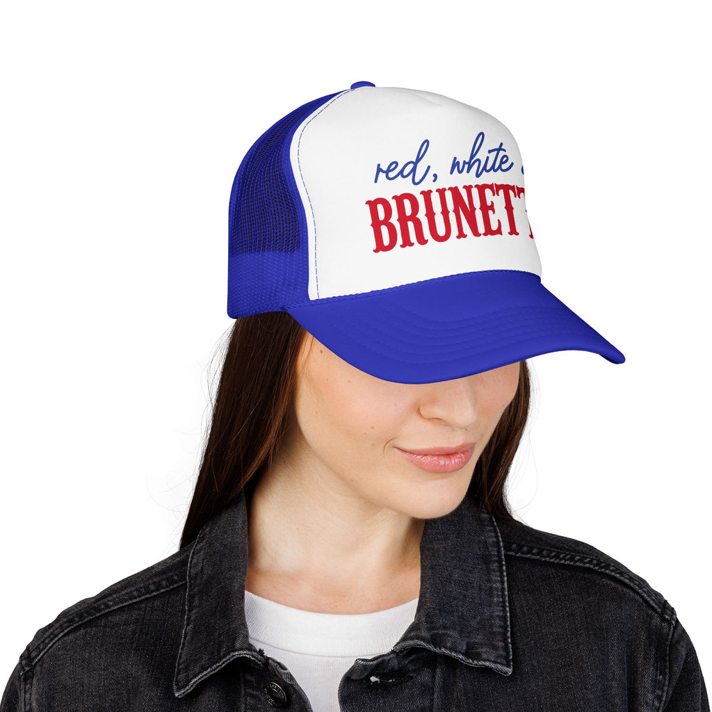 Red, White & Brunette Trucker Hat — Patriotic Foam Mesh Cap for Women