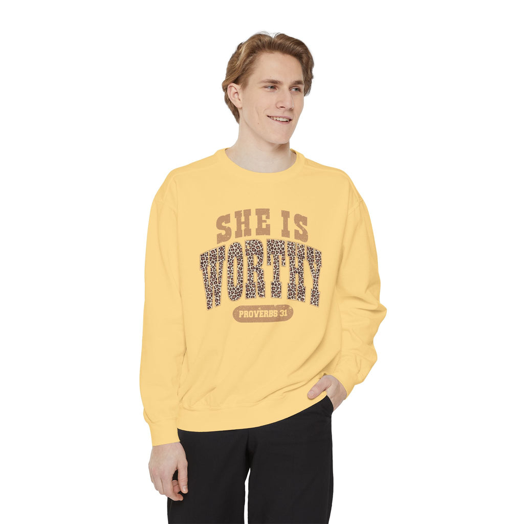 She Is Worthy Sweatshirt — Leopard Print Proverbs 31 Inspirational Pullover