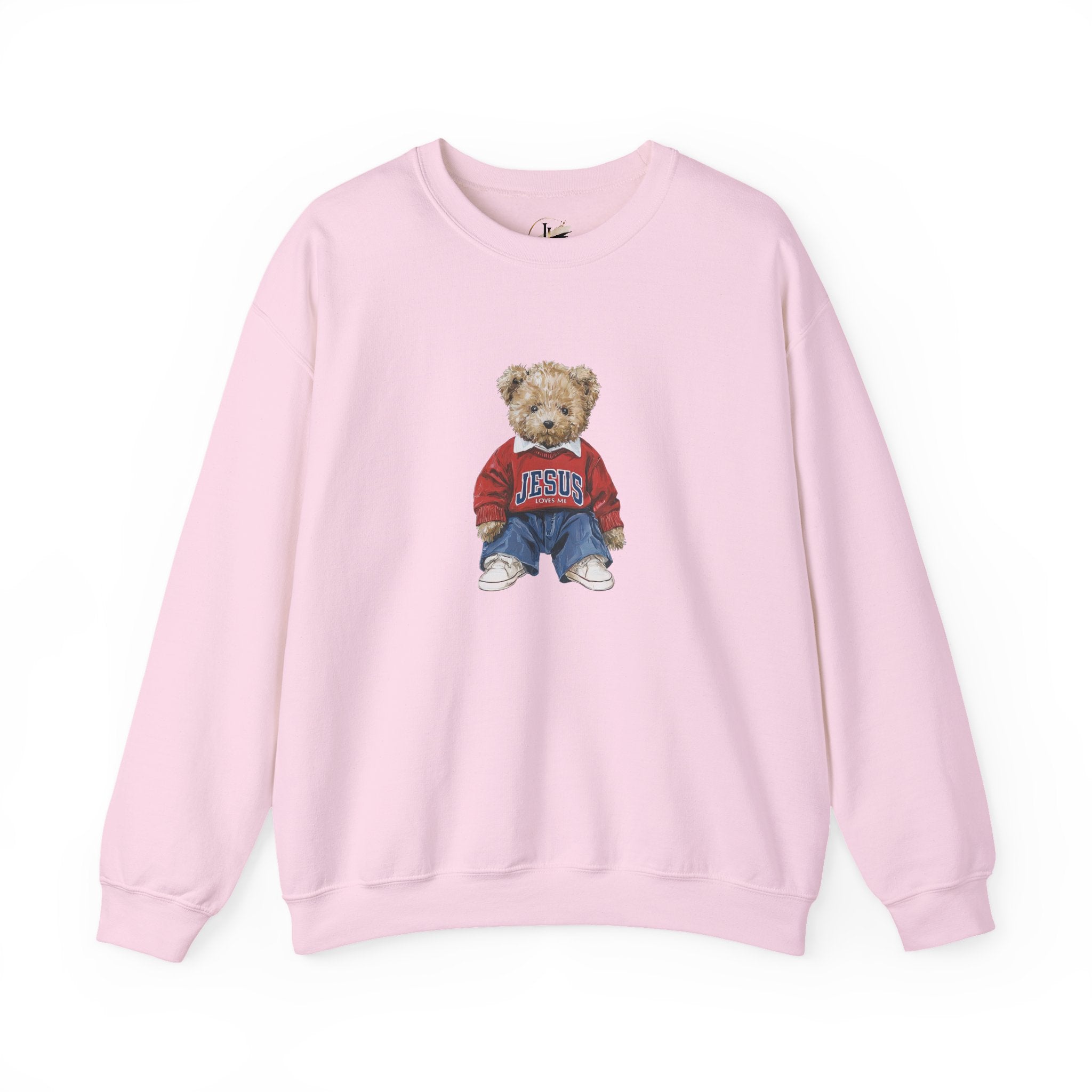 Crewneck Sweatshirt — Teddy Bear Wearing 'Jesus' Sweater Christian Graphic