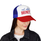 Red, White & Brunette Trucker Hat — Patriotic Foam Mesh Cap for Women