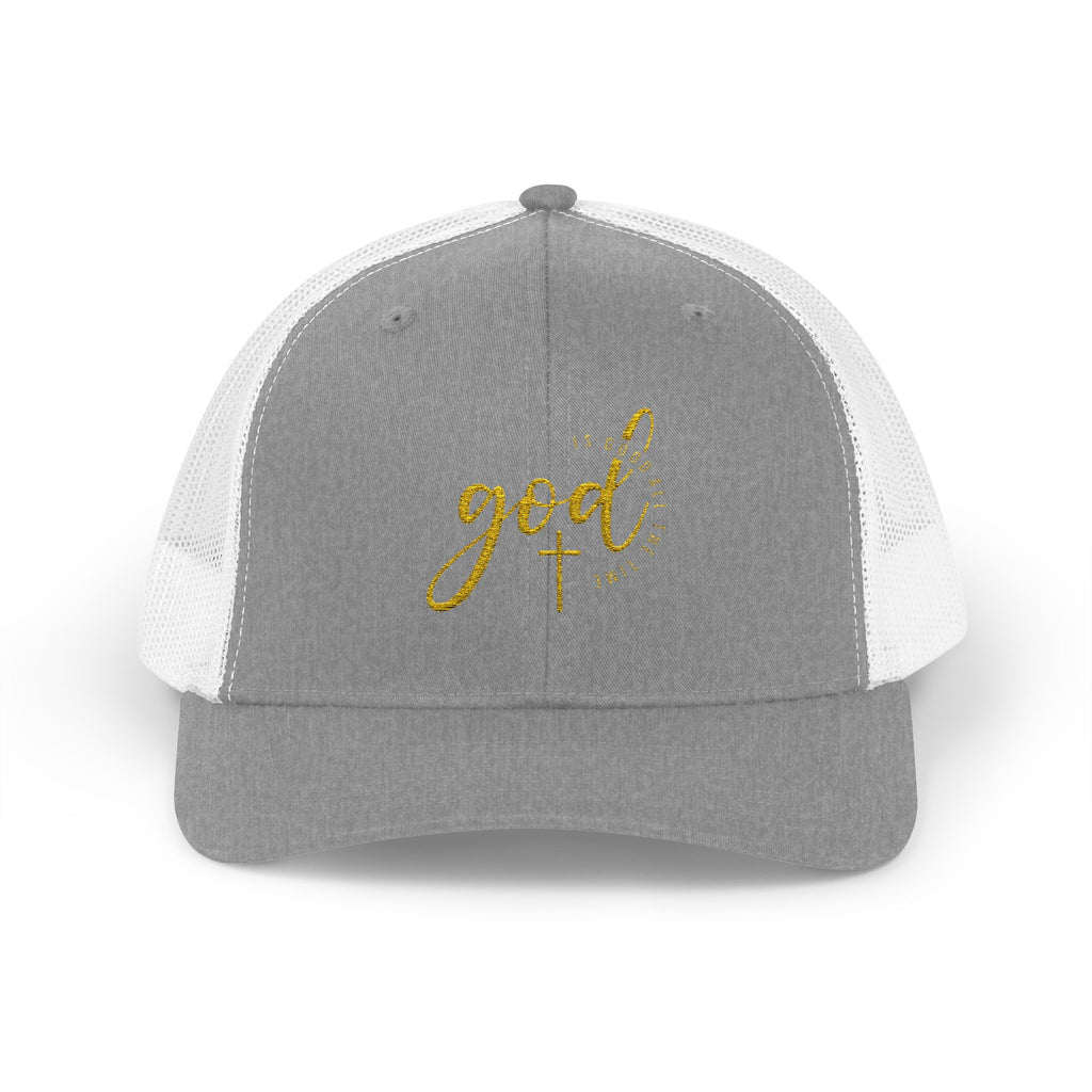 God Script Trucker Cap — Gold Sparkle Faith Snapback