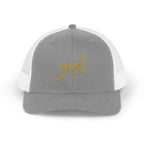 God Script Trucker Cap — Gold Sparkle Faith Snapback